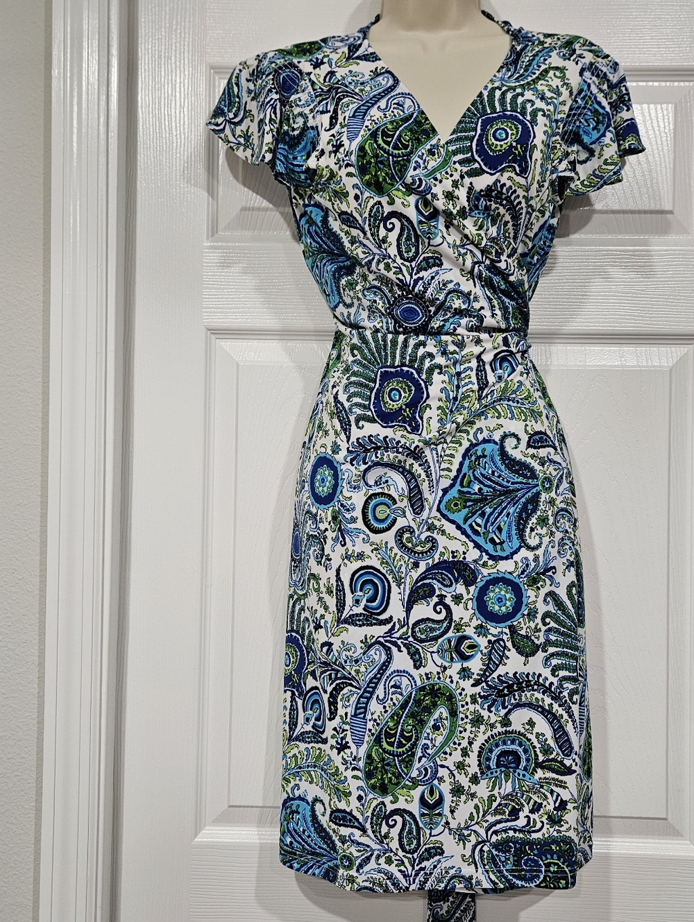 Paisley Wrap Midi Dress in Blue & Green